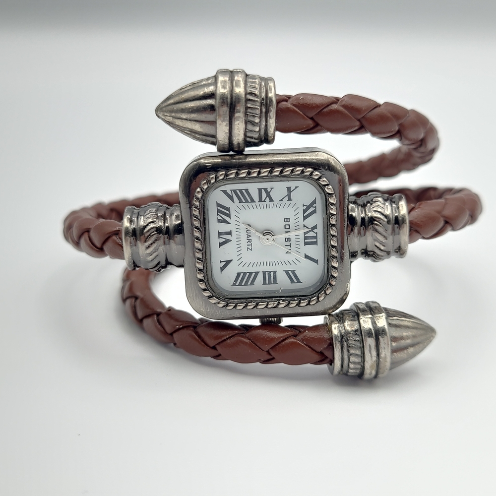 Boho Wrap Watch Bracelet & Glasses Holder Brown Braided Leather